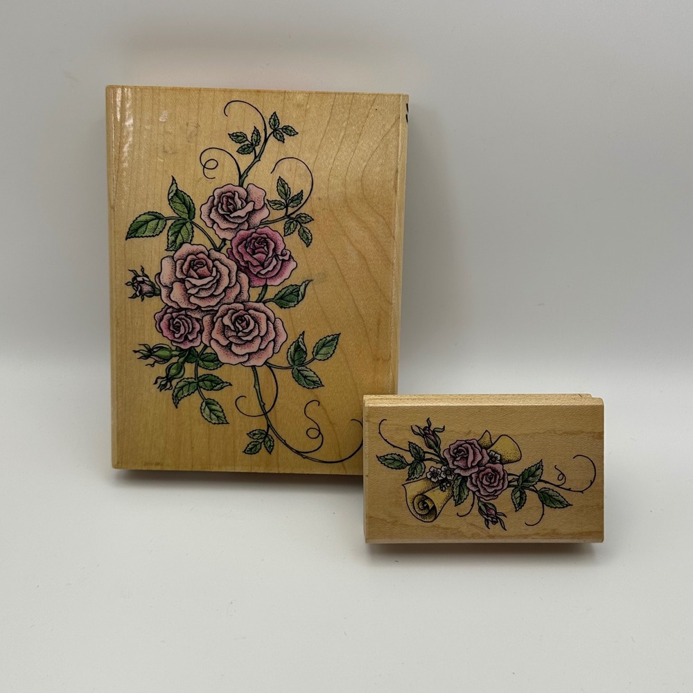 Rubber Stampede Romantic Rose Bouquet A1563G Scroll A1564E Wood Rubber Stamp Lot